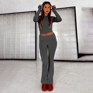 Nuevos <span class=keywords><strong>Pantalones</strong></span> Casuales de Cintura Baja con Corte de Campana, Blusa de Color Sólido que Estiliza, para Mujer - Product Image 3