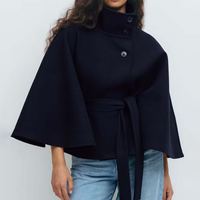 Manteau Cape Automne Hiver Femme Col Montant Boutonné Ceinturé Court Style Poncho Élégant Veste de Bureau pour Femme