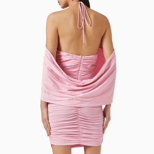 Nouvelle robe de soirée à col plissé sexy au design minimaliste, robe mini à fleurs décorative ajustée pour femmes - Product Image 3