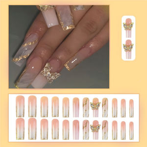 Franse 3d Vlinder Goud Sprankelende Poeder Nagel Op Pers 24 Stuks Met Doos Lange Volledige Cover Pers Op Nagel - Product Image 2