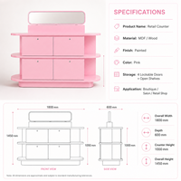 Comptoir de présentation en métal rose de luxe sur mesure avec miroir, tiroirs verrouillables, étagères incurvées, armoire de rangement esthétique