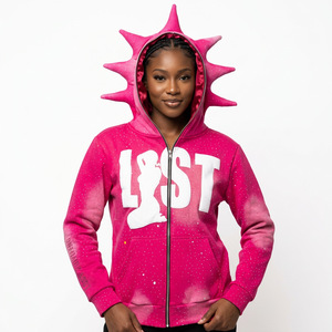 Men's Oversized Pink Hooded Sweatshirt With <b>Star</b> Spikes Zip-Up Streetwear <b>Design</b> Front Letter Print Regular Fit Autumn Wear - Product Image 2
