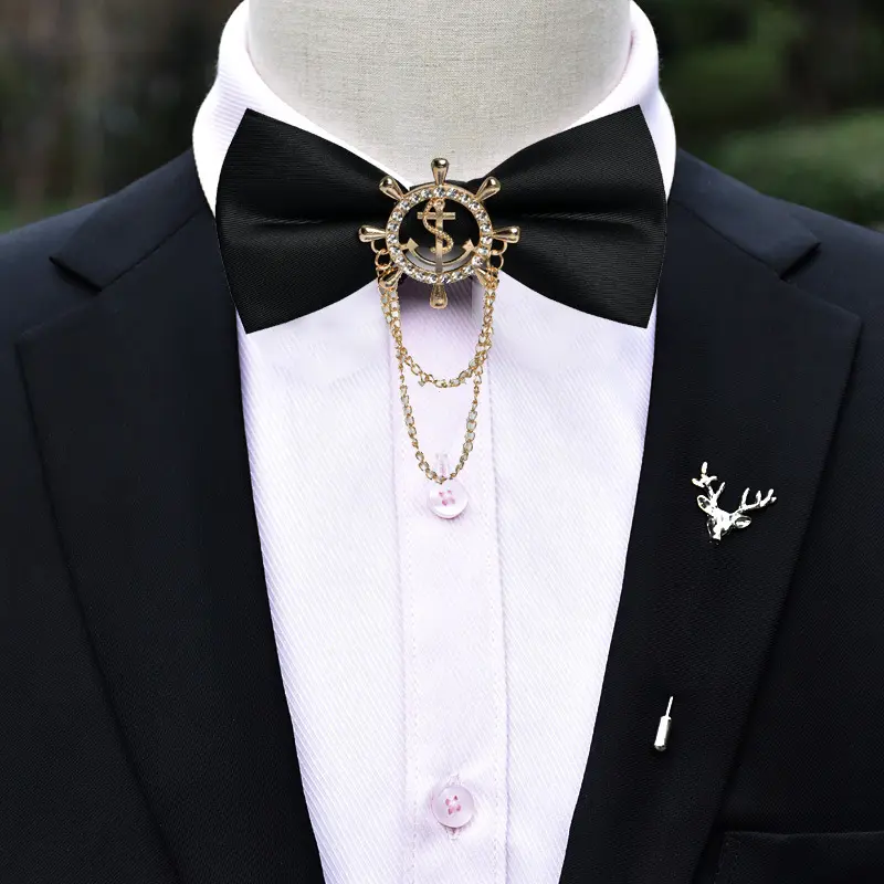 Personalized fashion business handmade black with diamonds solid color mens bow tie accessories