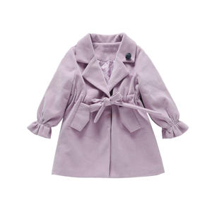 Manteau en laine mi-long pour filles, style décontracté, col à revers, simple boutonnage, manches évasées, ceinture en coton, collection automne-hiver - Product Image 1