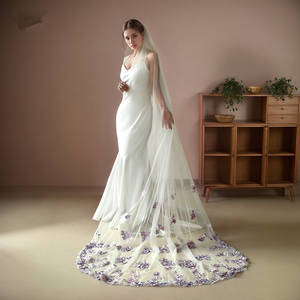 طرحة زفاف رومانسية جديدة بتصميم عصري ثلاثي الأبعاد مع زهور بنفسجية، طبقة واحدة قصيرة - Product Image 2