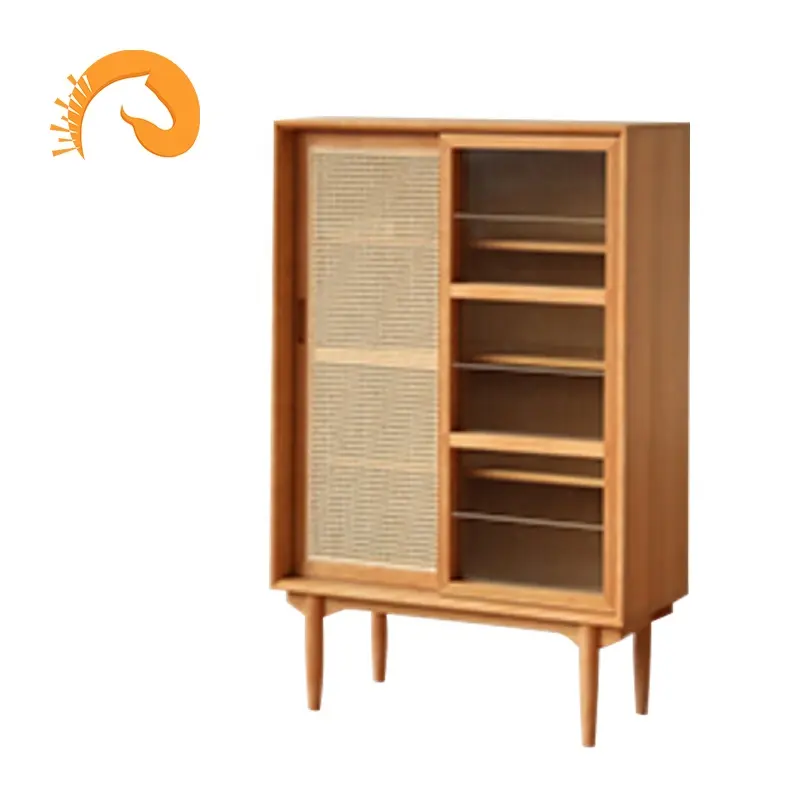 Nordic Kayu Solid Lemari Rak Buku Multifungsi Lemari Penyimpanan Rotan Anyaman Pintu Kaca Side Cabinet