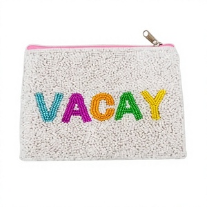Beaded <b>Coin</b> <b>Purse</b> With Vacay Lettering Zipper Closure Handmade Mini Travel Accessory Unisex Creative Style - Product Image 1