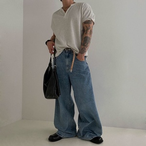 T-shirt Henry con scollo a V, tinta unita, a maniche corte, da uomo, estiva, ampia, casual, per il tempo libero, stile coreano, misto poliestere/cotone 220-240g/m - Product Image 3