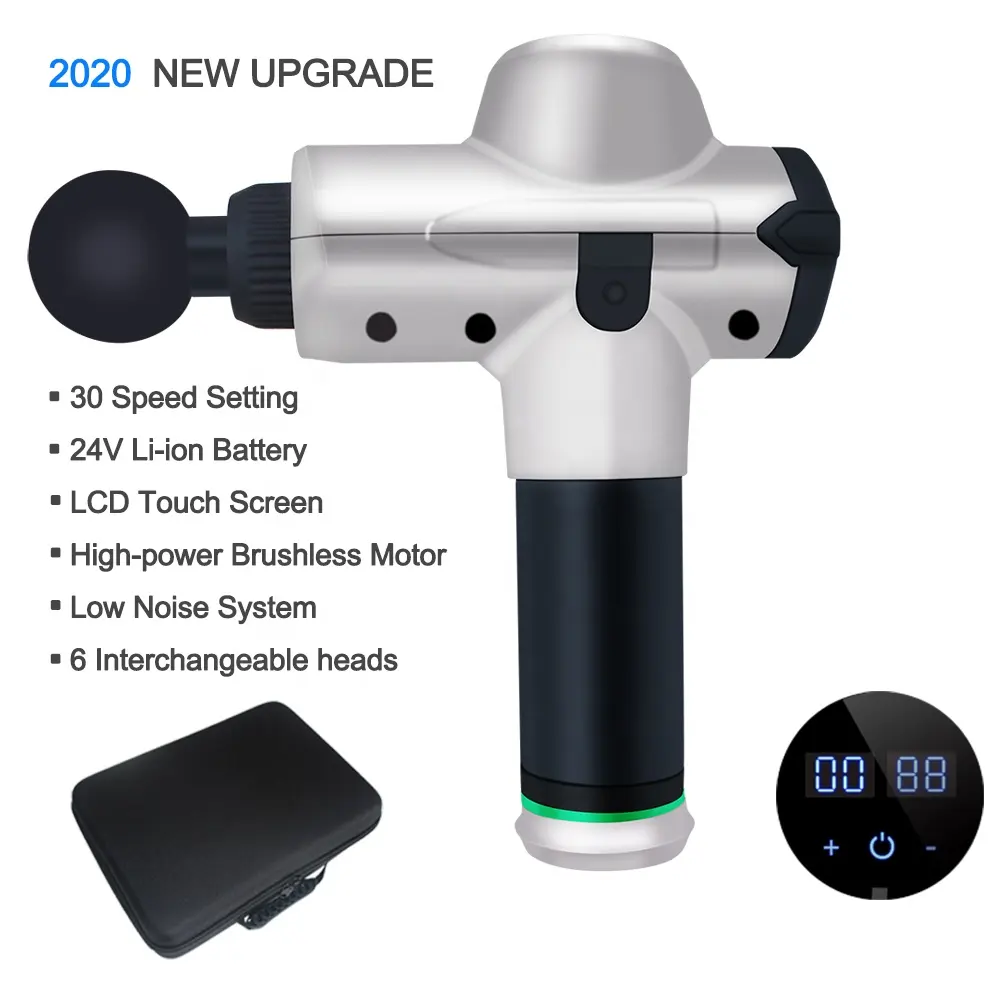 2020 New Design Brushless Sports Percussion Deep Tissue Muscle Massage Gun Pro 24V 30 Speed Display 6 Heads