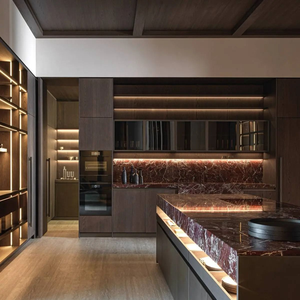 Gabinete de Cocina Moderno de Madera de Palisandro con Encimera de Mármol Rojo y Estante de Exhibición de Vidrio - Product Image 4