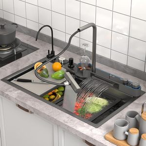 Évier de cuisine rectangulaire en acier inoxydable 304 <span class=keywords><strong>noir</strong></span>, à encastrer, fait main, intelligent, multifonction, avec cascade, pour usage domestique - Product Image 6