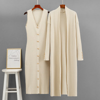 Ensemble Tricoté Twin-set pour Femmes Col en V Robe Midi sans Manches Gilet à Manches Longues Vêtements pour Femmes