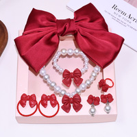 Set de Joyería de Perlas con Lazo de Satén para Niñas, Regalo de Princesa, Pinza Grande para el Cabello, Coletero, Collar de Perlas, Pulsera, Pendientes, Anillo, Accesorio para Niñas Pequeñas