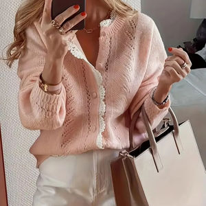 Cardigan élégant pour <span class=keywords><strong>femme</strong></span> à devant ouvert, <span class=keywords><strong>rose</strong></span> <span class=keywords><strong>pastel</strong></span> doux, léger, avec bordure en dentelle, pièce superposable semi-transparente pour le printemps/été/automne - Product Image 5
