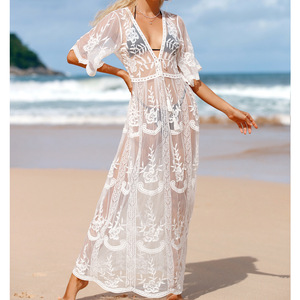 Nhà máy trực tiếp kỳ nghỉ mặc phụ nữ bãi biển Bìa up trắng Ren Boho Dress - Product Image 5
