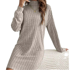 <span class=keywords><strong>Collection</strong></span> Automne Hiver Robe Décontractée Femme Col Roulé Manches Longues Coupe Trapèze Style Européen Américain Couleur Unie Lavable - Product Image 1