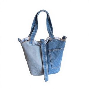 Sac seau rétro style Mori en jean avec doublure polyester, petite boucle de fermeture, pour femme, à porter à la main, à l'épaule ou en bandoulière, pour bouteille d'eau - Product Image 1