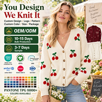 Cardigan en tricot personnalisé pour femme avec broderie cerise, col en V, boutonnage, manches longues, OEM ODM