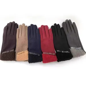 Fall Winter Women Touch Screen Glove with Boucle Fur and PU Strap Tim on Cuff