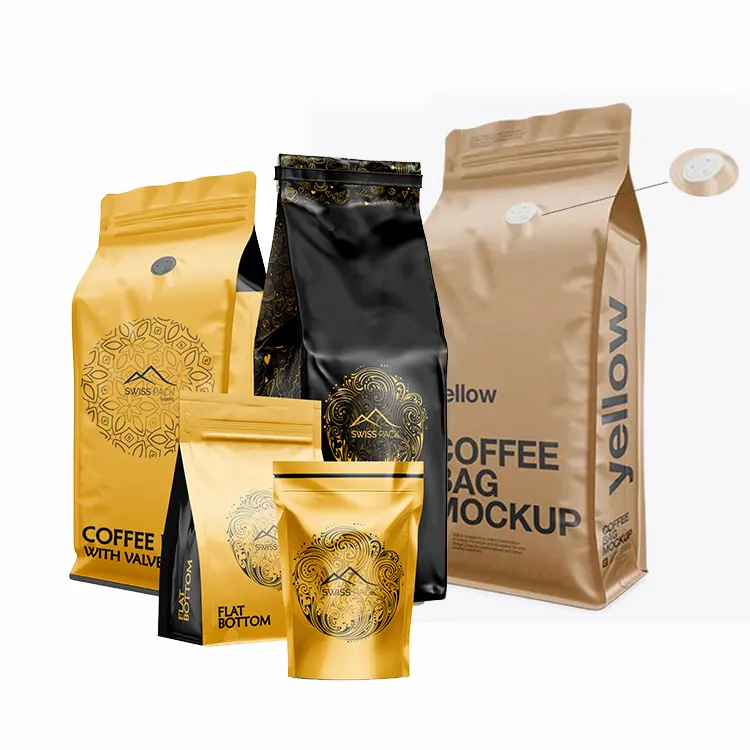 250g 500g 1kg 12 Oz Impreso personalizado Bio Pla Biodegradable Bolsas de café negras con cremallera de válvula Fuelle de fondo plano Bolsa de granos de café