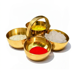 Brass 4 Bowl Pooja Roli Chawal Holder with Center Handle Traditional Pure Brass Kumkum Tilak Container Stand for <b>Mandir</b> Puja - Product Image 1