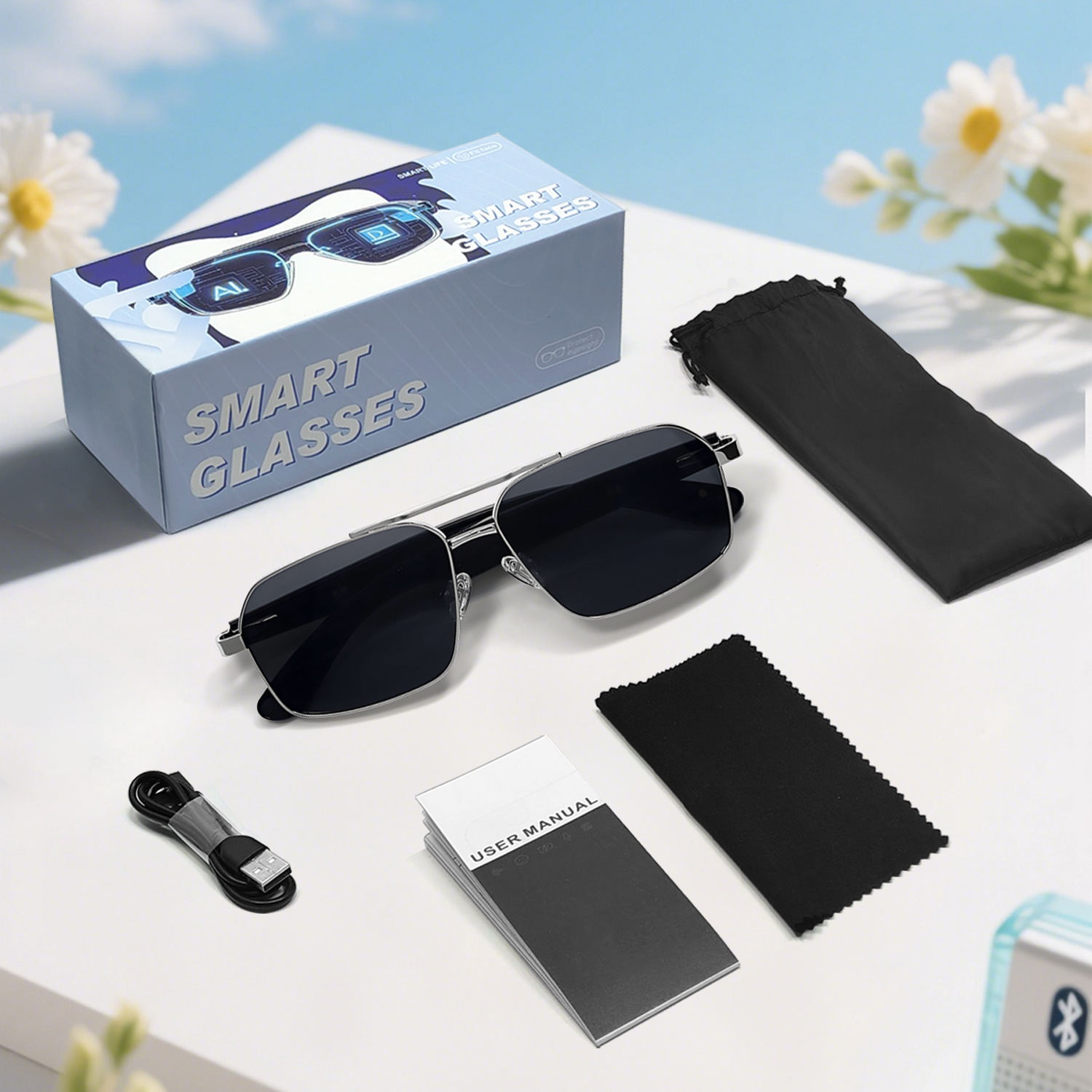 Montura plateada - lentes grises