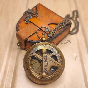 Brass Sundial <b>Compass</b> with Leather & <b>Chain</b> Portable Hanging Ring for Hiking Navigation - Product Image 2