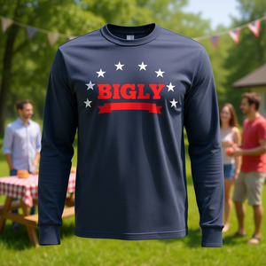 Camiseta de manga larga Bigly, diseño de estrellas y letras rojas en azul oscuro - Product Image 3