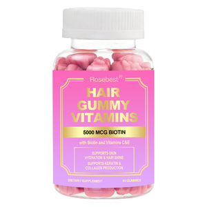 Gomitas Veganas con Biotina 5000mg, Sabor Frambuesa Natural, Marca Privada OEM al por Mayor de Rosebest, Vitaminas para el Crecimiento del Cabello con Vitaminas C y E - Product Image 1