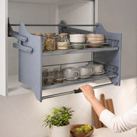 Cesto Elevatório Moderno TKK de Aço para Cozinha com Sistema de Prateleira Deslizante e Base de Madeira/Cesto Elevatório de Parede em Aço para Cozinha