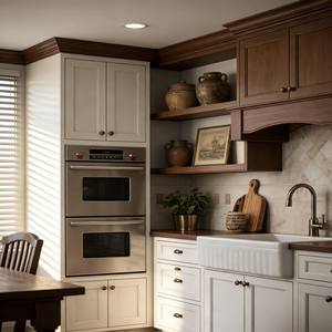 Meubles de cuisine en bois massif bicolore tendance en vente chaude, armoire de garde-manger, placage de bois tendance, armoire de cuisine - Product Image 3