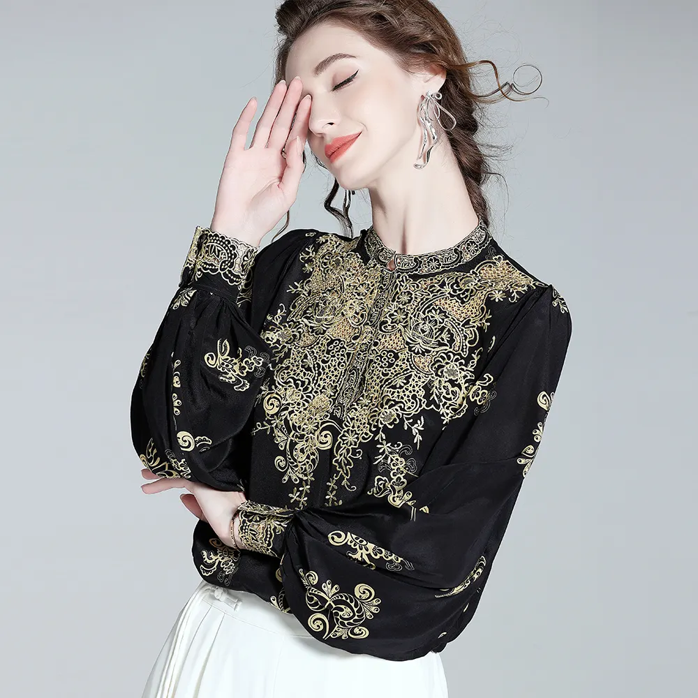 Vintage temperament puff long sleeve blouse for women stand collar mulberry silk blouse embroidered blouse