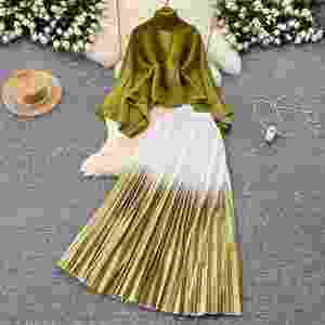 Ensembles décontractés d'automne pour femmes : Tunique à nouer et jupe plissée dégradée taille haute – Vêtements américains en gros - Product Image 4