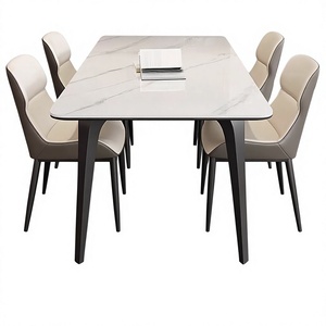 Ensemble table et chaises de salle à manger minimaliste italien moderne, plateau de table en quartz de luxe léger, rectangulaire, en marbre, pour la maison, l'appartement, le salon - Product Image 1