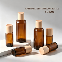 Flacons compte-gouttes en verre ambré de 5 ml à 100 ml pour huiles essentielles avec bouchon en bois naturel, flacons de recharge pour sérum cosmétique avec compte-gouttes inviolables