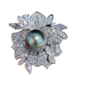 Exquisita Perla Verde Pavo Real de Tahití de 8-9 mm, Incrustación Impecable, Diseño de Flor Ajustable de Lujo, Plata Pura Brillante, Flor de Lujo - Product Image 5