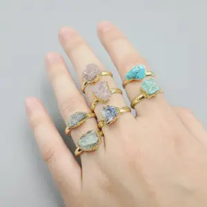 women's trendy unique copper alloy gold plated with one gem blue topaz rose quartz garnet turquoise stone rings