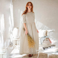 Tissu en lin naturel personnalisé pour femmes Abaya robe musulmane col en O pleine longueur coton et lin pour femmes Abaya de Dubaï