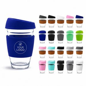 Gobelet à café en verre réutilisable avec manchon en silicone personnalisé 8oz 12oz, logo personnalisé, cadeau promotionnel idéal pour les entreprises, tasse à café en verre - Product Image 1