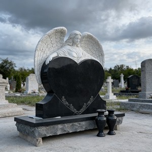 Китайские гранитные памятники из черного гранита в форме сердца, надгробия с резьбой и вазами - Product Image 6