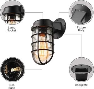 Étanche Extérieur Intérieur Style Industriel Cage Maison Porche Garage Patio Veilleuse Montage Lanterne Bocal Avec Applique Murale Led - Product Image 3