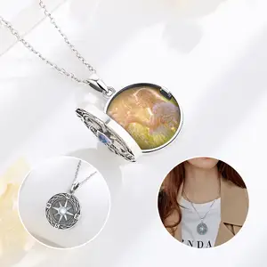 Merryshine 925 Sterling Silver Fashion Jewelry Pictures Photo Moonstone Compass Locket Necklaces Gifts for Women