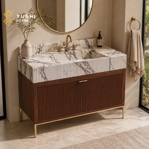 Meuble-lavabo <span class=keywords><strong>de</strong></span> <span class=keywords><strong>salle</strong></span> <span class=keywords><strong>de</strong></span> <span class=keywords><strong>bain</strong></span> YUSHI au <span class=keywords><strong>design</strong></span> <span class=keywords><strong>italien</strong></span> avec plateau en marbre, vasque intégrée et armoire <span class=keywords><strong>de</strong></span> rangement en bois <span class=keywords><strong>de</strong></span> noyer cannelé pour hôtels et villas - Product Image 3