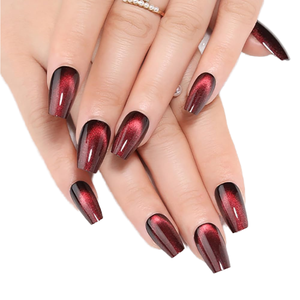 CANNY CLUB Faux Ongles à Presser <span class=keywords><strong>Rouge</strong></span> Bourgogne Profond Effet Œil de Chat Forme Cercueil Carré Longueur Moyenne Sans Colle Acrylique Réutilisables Printemps Été - Product Image 1