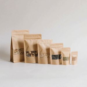 Sacs en papier kraft brun uni avec fenêtre, à fermeture éclair, pour emballage alimentaire, vente en gros d'usine - Product Image 1