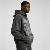 Sweat à capuche zippé gris anthracite effet vieilli, motif visage de démon de dessin animé d'horreur Kornit DTG, coupe oversize, style streetwear