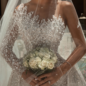 Lusso con perline illusione monospalla matrimonio per sposa africana abito da sposa lungo fino al pavimento in pizzo strascico staccabile con strascico - Product Image 3