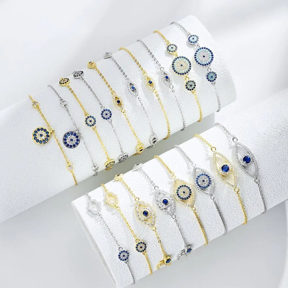 Trending Classic 925 Silver Blue Eyes Pulsera Joyería Zircon Evil Eye Pulseras 18K Chapado en oro para mujeres