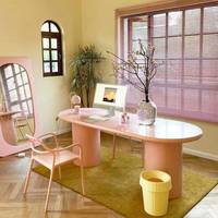Table à manger ovale rose moderne avec piétement cylindrique, grand bureau sur piétement pour bureau à domicile, style crème, bureau en bois massif