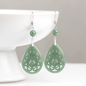 Natural Genuine A-Grade Jadeite Vintage Hollow Engraved <b>Stud</b> <b>Earrings</b> Bean-Shaped S925 <b>Silver</b> <b>Set</b> Jade Ethnic Anniversary Gift - Product Image 2